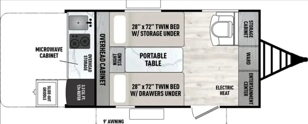 Floor plan of a travel trailer interior with two twin beds, a portable table, microwave cabinet, overhead cabinet, storage under beds, a high sink, and an entertainment center with a wardrobe and storage cabinet.