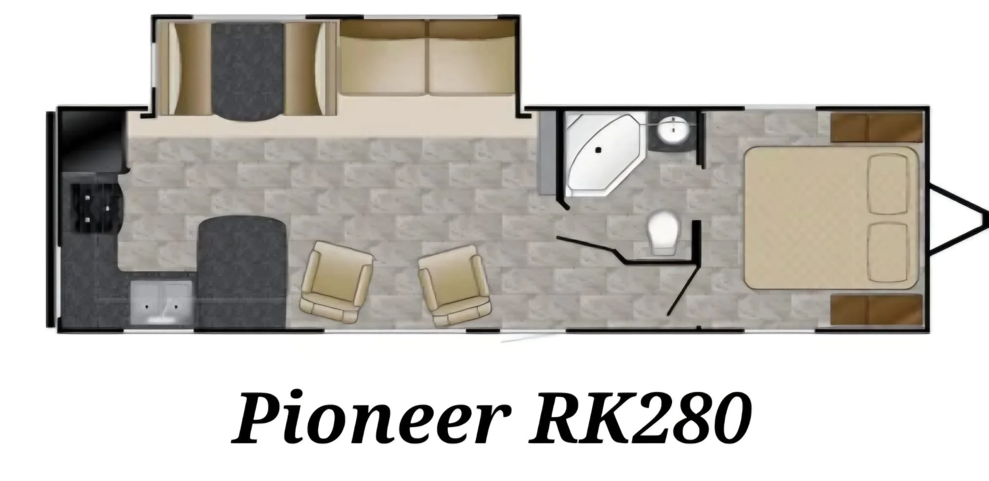 Floor plan of the Pioneer RK280 RV with a kitchen, living area with two chairs, bathroom with shower and toilet, and bedroom with two beds.