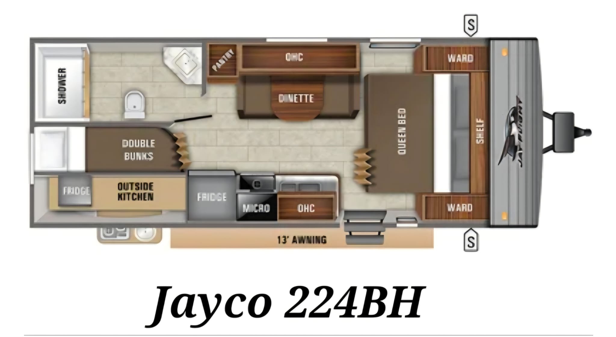 Floor plan of a compact camper trailer with labeled areas including a triple bunk bed, bathroom with shower, toilet, sink, an outside kitchen, microwave, refrigerator, closet, cabinets, and an outdoor 13-foot awning.
