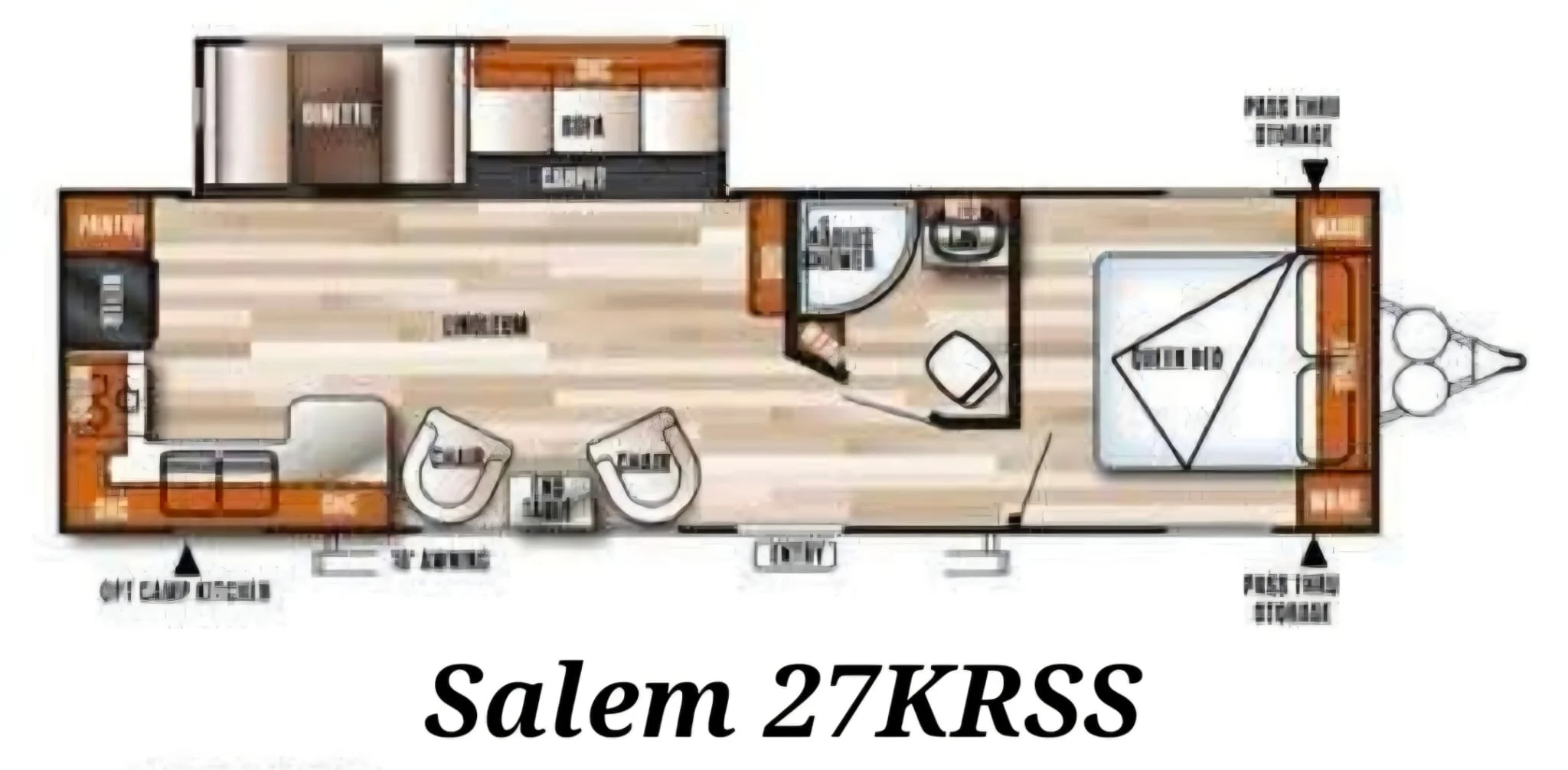Floor plan of Salem 27KRSS model, featuring multiple rooms including a bedroom, living area, kitchen, and bathroom, with labeled sections and furniture arrangements.