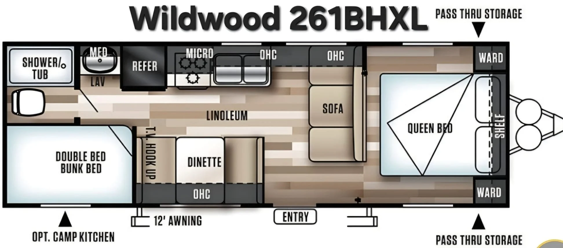Floor plan of a Wildwood 261BHXL travel trailer with a queen bed, double bunk beds, kitchen, bathroom, sofa, dinette, and storage compartments.