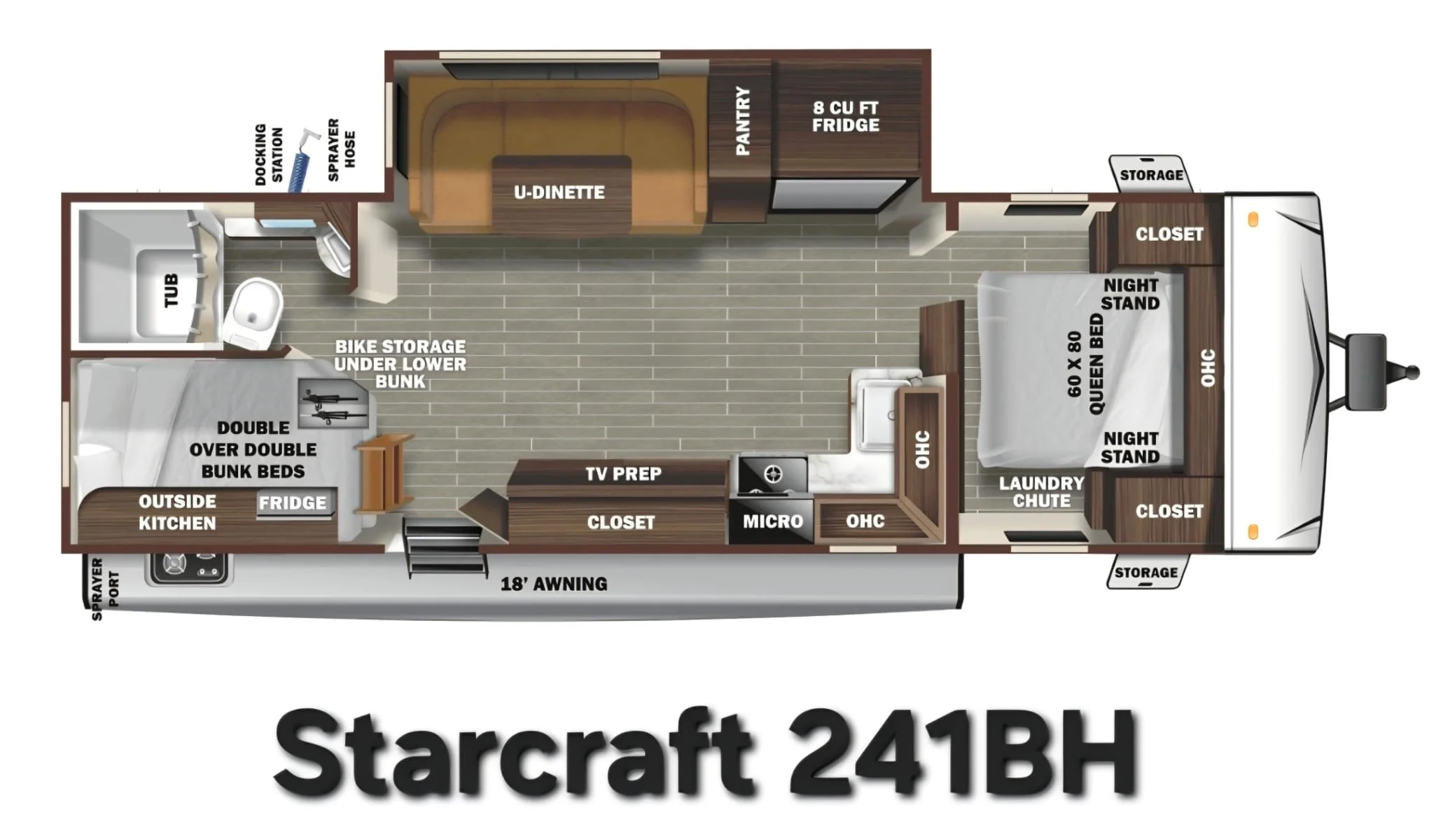 Floor plan of a Starcraft 24RBH travel trailer, showing a bedroom with a queen bed, closet, and nightstands, a bathroom with a tub, toilet, and shower, a kitchen with an outside kitchen, a living area with a U-shaped dinette and TV prep, and storage 