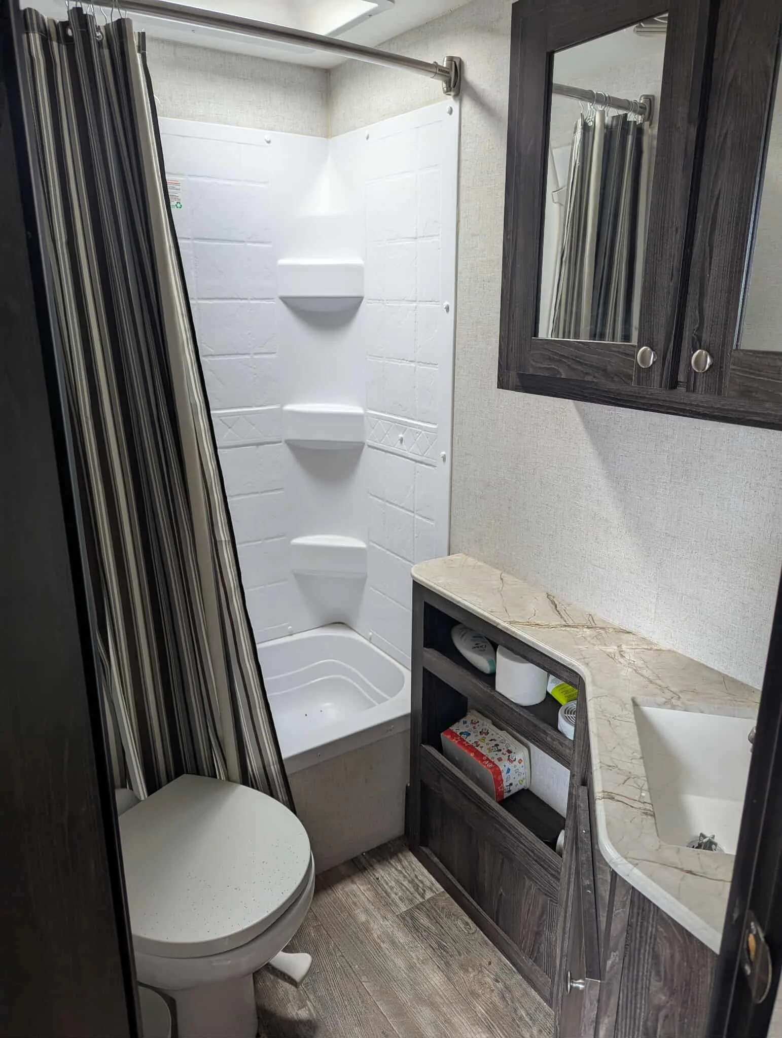 A compact bathroom with a toilet, a small closet with a mirror, a marble countertop, and a shower area with a curtain.