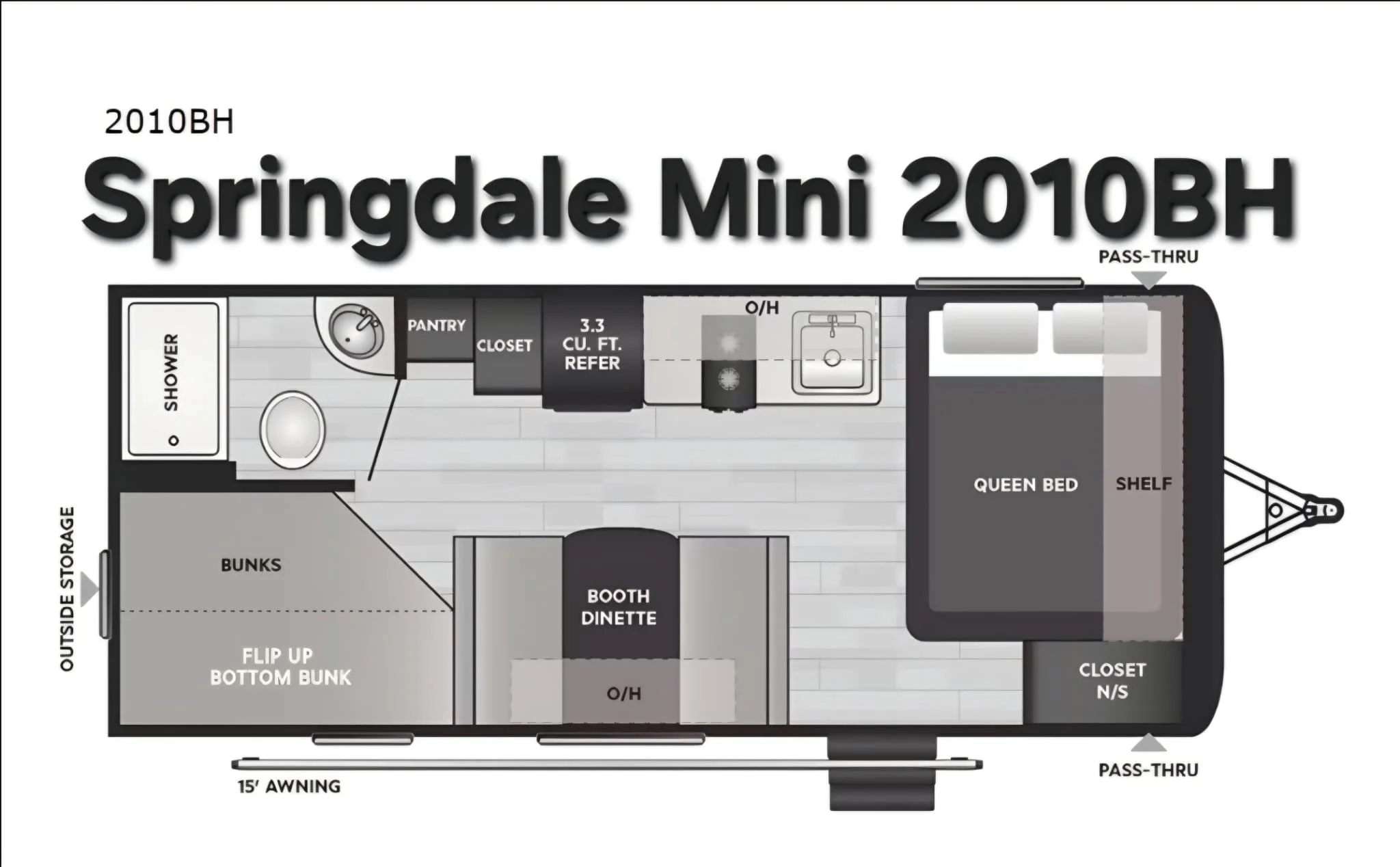 Floor plan of a Springdale Mini 2010BH camper, showing a slide with exterior storage, bedroom with queen bed, shelf, closet, dinette booth, bunk beds, shower, toilet, pantry, refrigerator, sink, and living area with seating, along with an awning and 