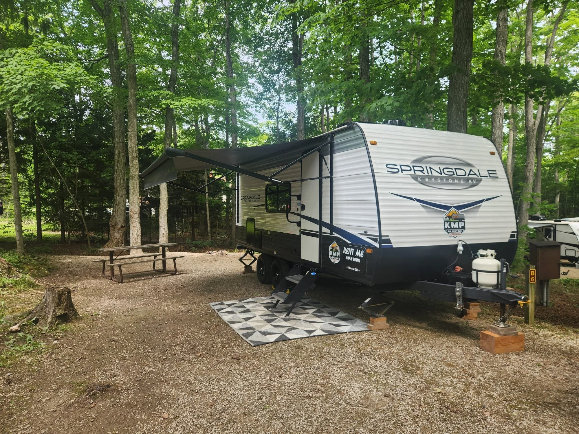 A travel trailer labeled 'Springdale' parked in a wooded campsite with green trees overhead. There is an awning extended over a small area with a black-and-white patterned rug and a folding chair. A picnic table is nearby, and the ground is covered with dirt and small rocks.