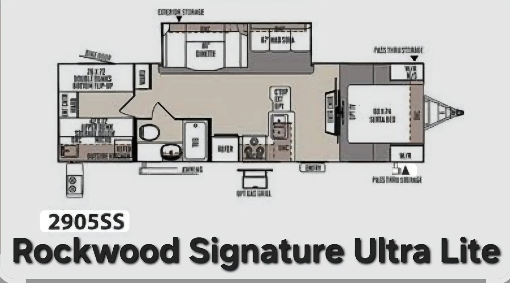 Floor plan of a travel trailer labeled Rockywood Signature Ultra Lite, with various rooms including bedrooms, bathrooms, kitchen, living area.