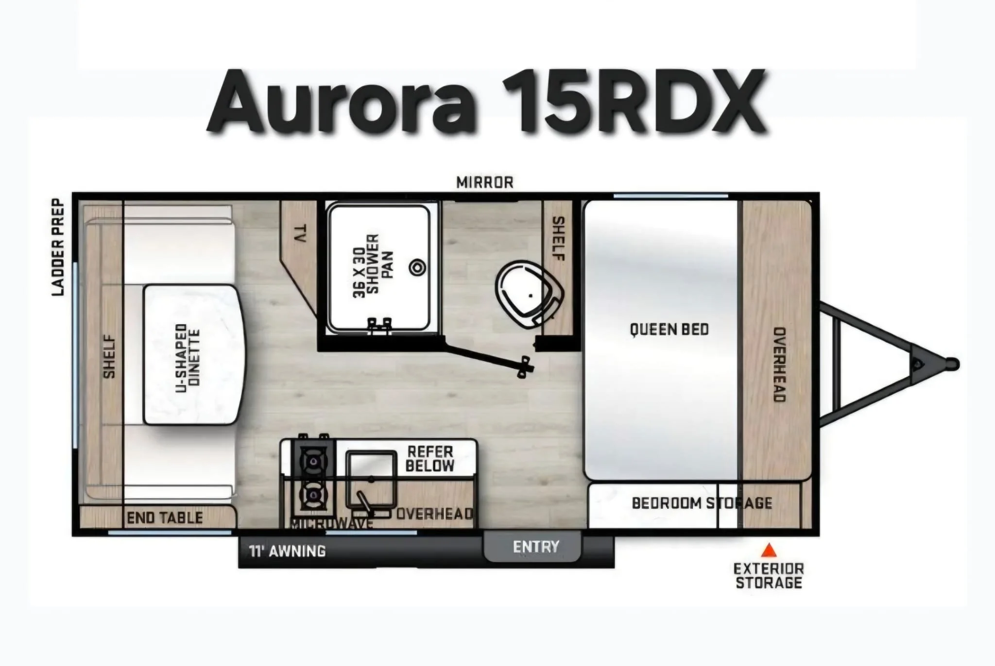 Floor plan of a small camper or travel trailer showing various rooms and features, including a bunk bed, bathroom with shower and toilet, kitchen, and sleeping areas, with labels for each section.