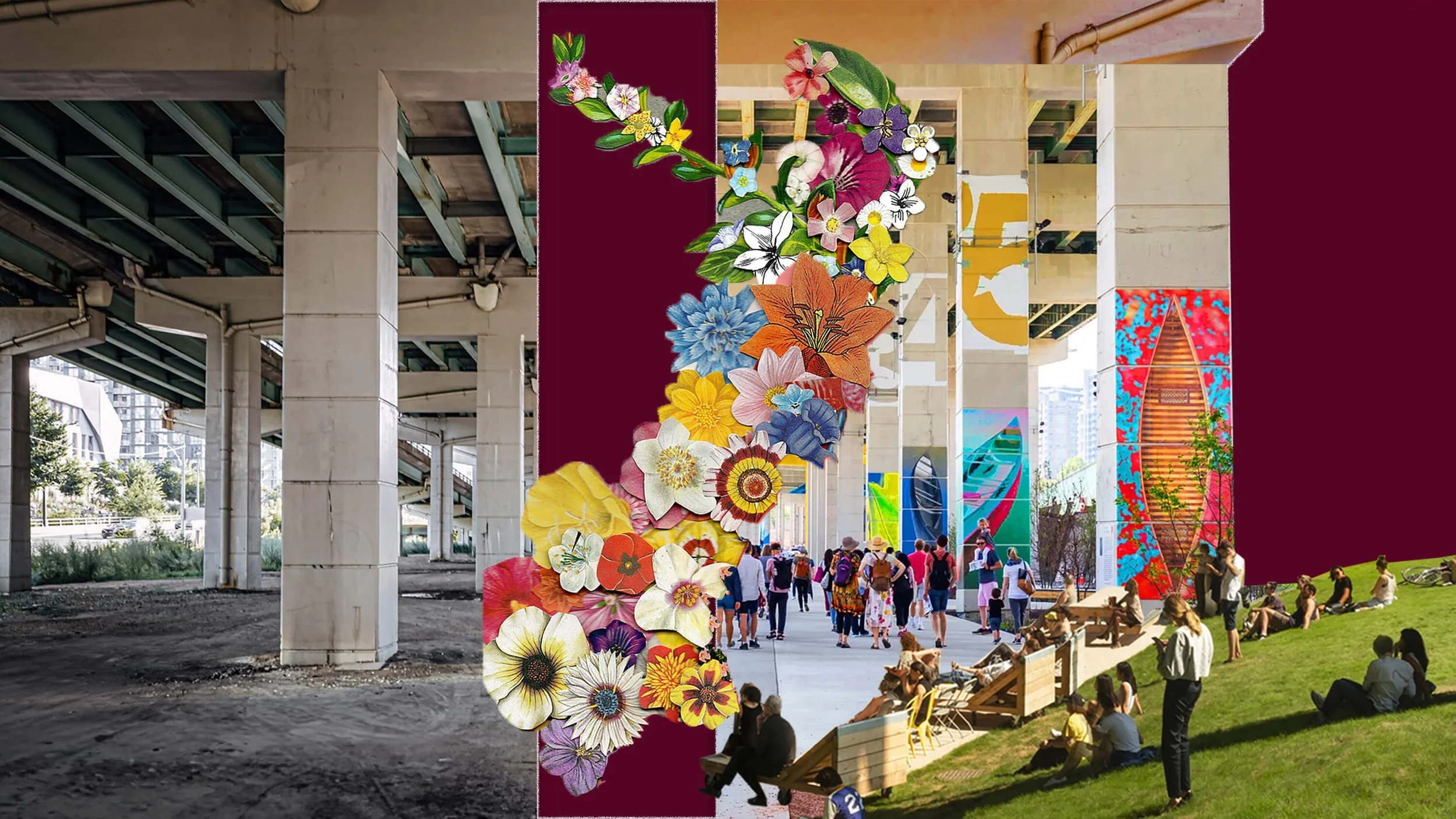 A colorful outdoor art installation features a large vertical collage of various flowers in front of a vibrant maroon background, with a crowd of people gathered underneath the installation, some sitting on benches or lawn chairs, and others walking or standing. The scene takes place beneath elevated highway overpasses, with a mix of urban and natural elements.