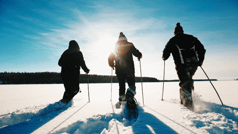 Three people cross a snowy landscape with snow shoes