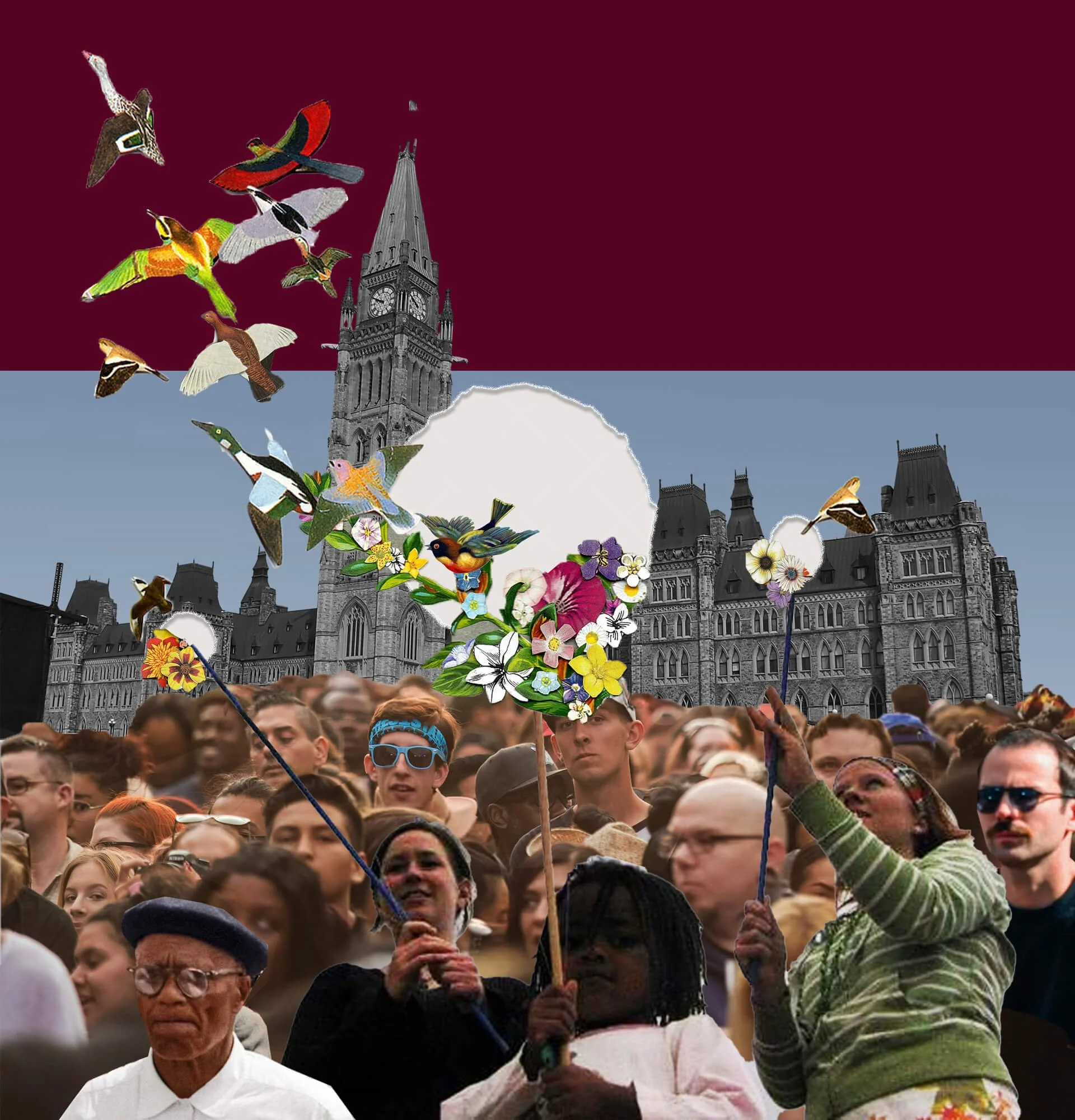 A crowd of people gathered outdoors, with a historical gothic-style building in the background. In the foreground, a hand holding a bouquet of colorful flowers and paper birds on sticks is visible.