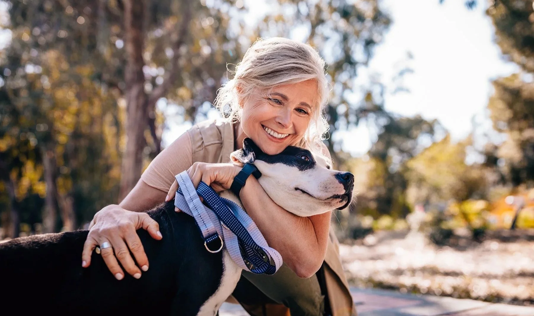 An elderly woman with gray hair smiling and hugging a black and white dog outdoors in a park with trees in the background.