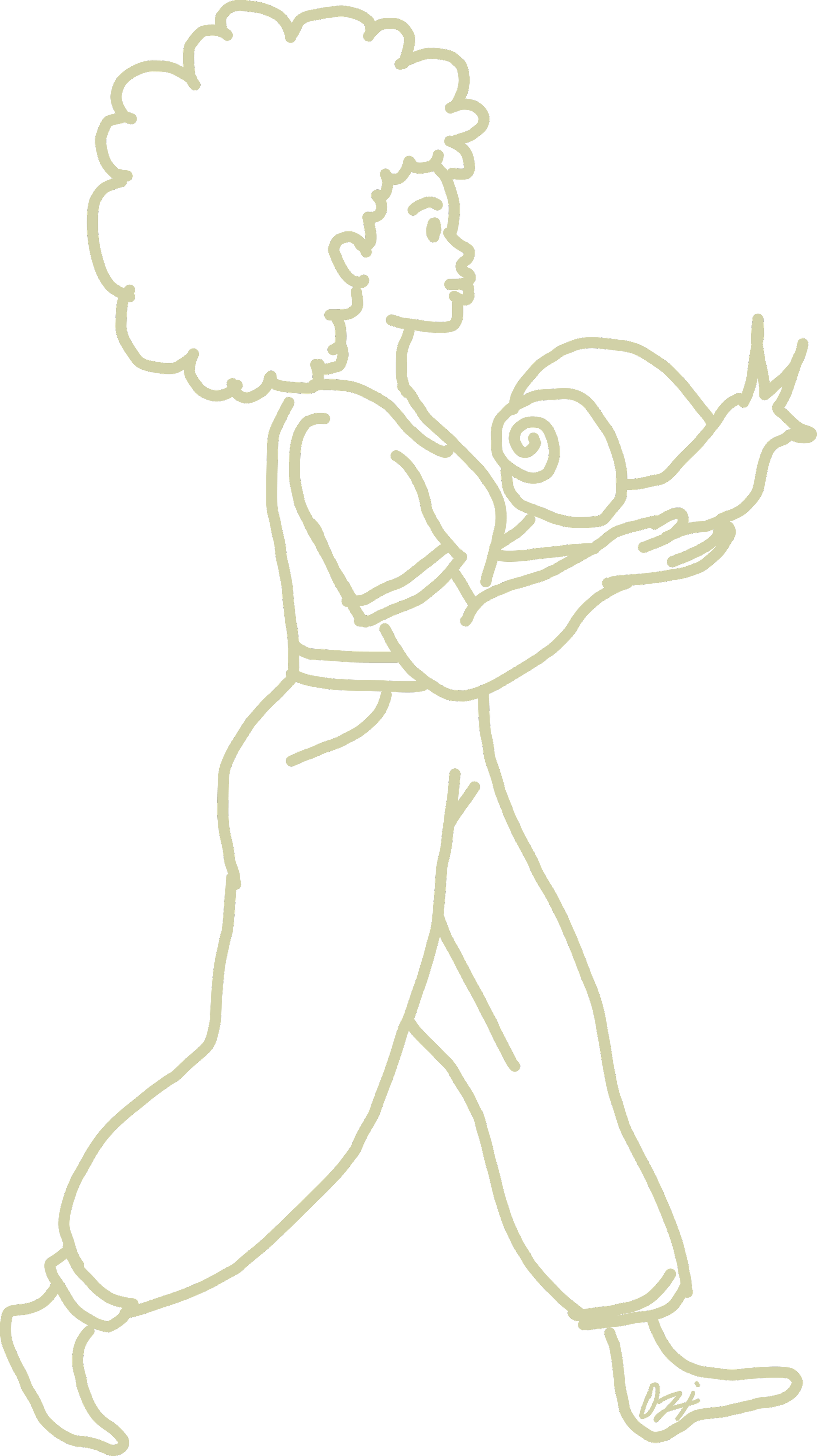 Line drawing of a person holding a large snail in their hands, with another snail on their arm, wearing loose pants and boots.