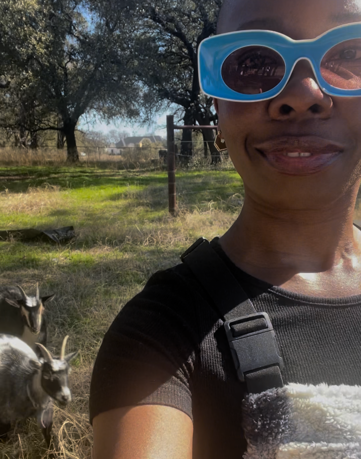A woman taking a selfie outdoors wearing large blue sunglasses and a black shirt, with goats standing on dry grass behind her and trees in the background.