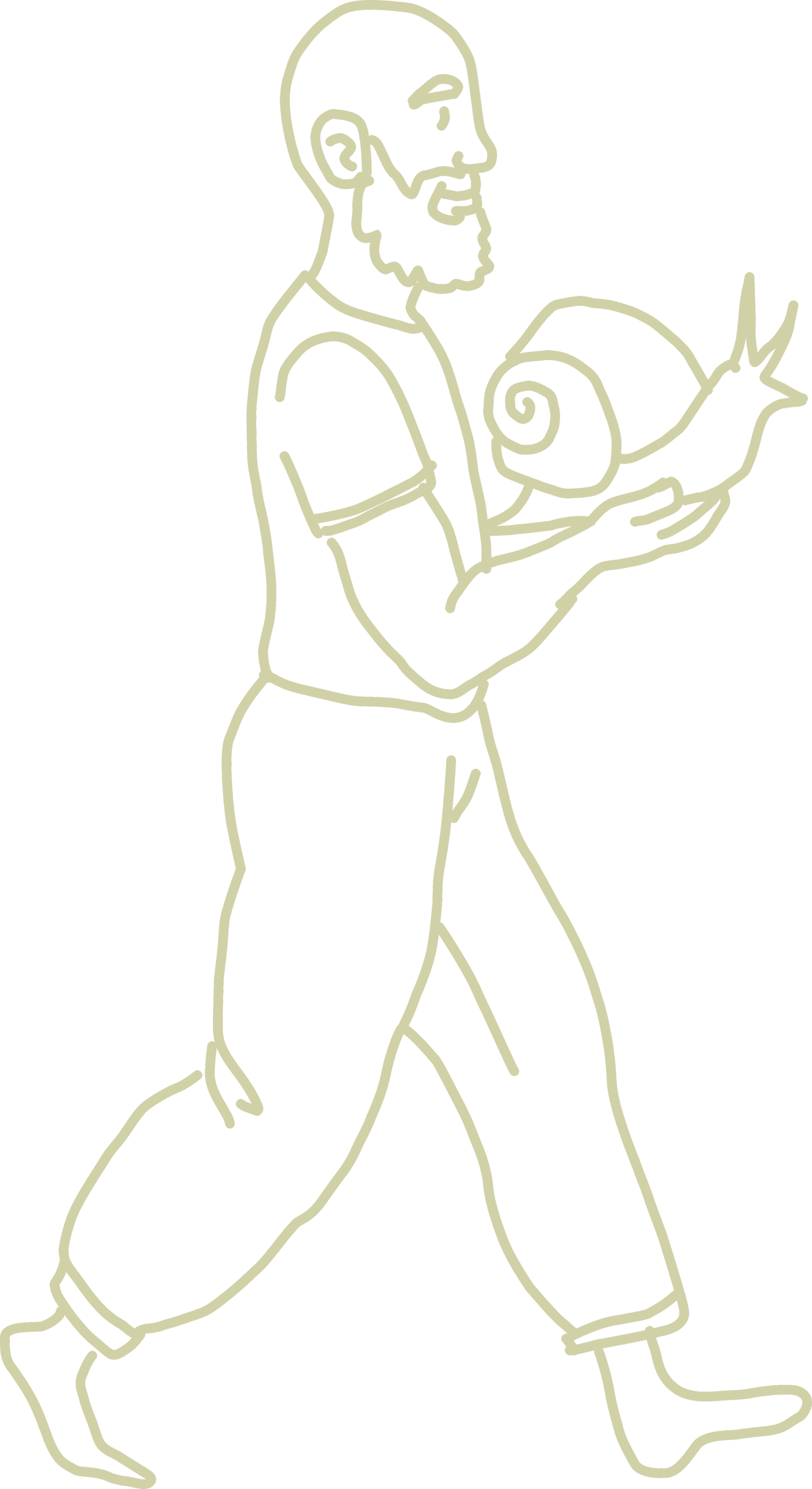 Line drawing of a person with a beard holding a snail in their hands, walking.