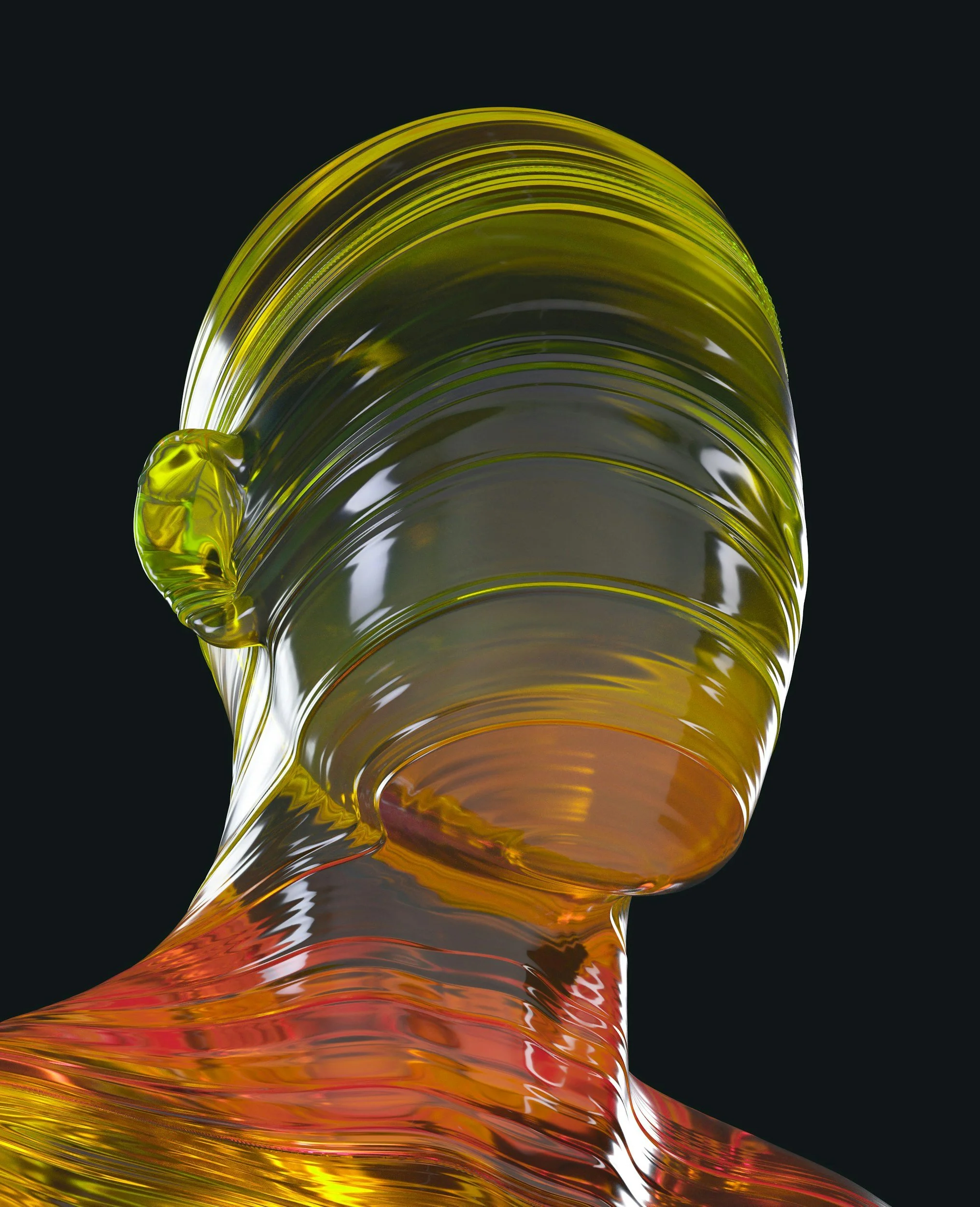 Close-up of a glass object with swirling yellow, orange, and red colors against a black background.