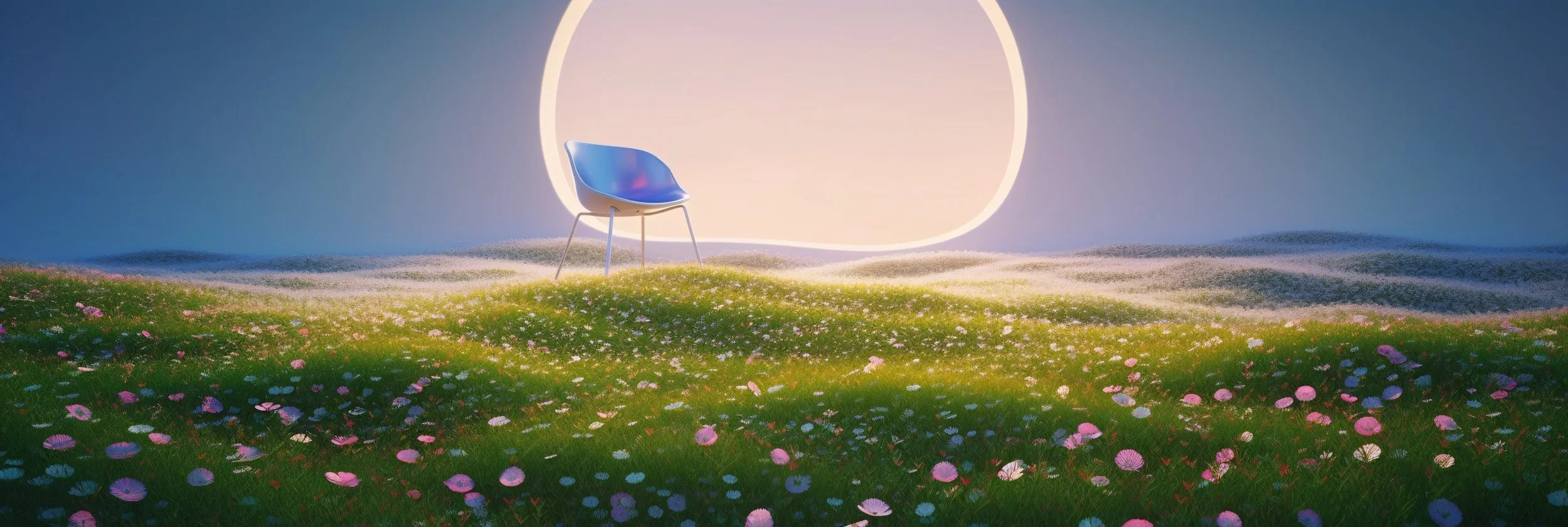 A blue chair on a grassy hill dotted with pink, white, and purple flowers, with a large glowing circle in the background creating a surreal landscape.