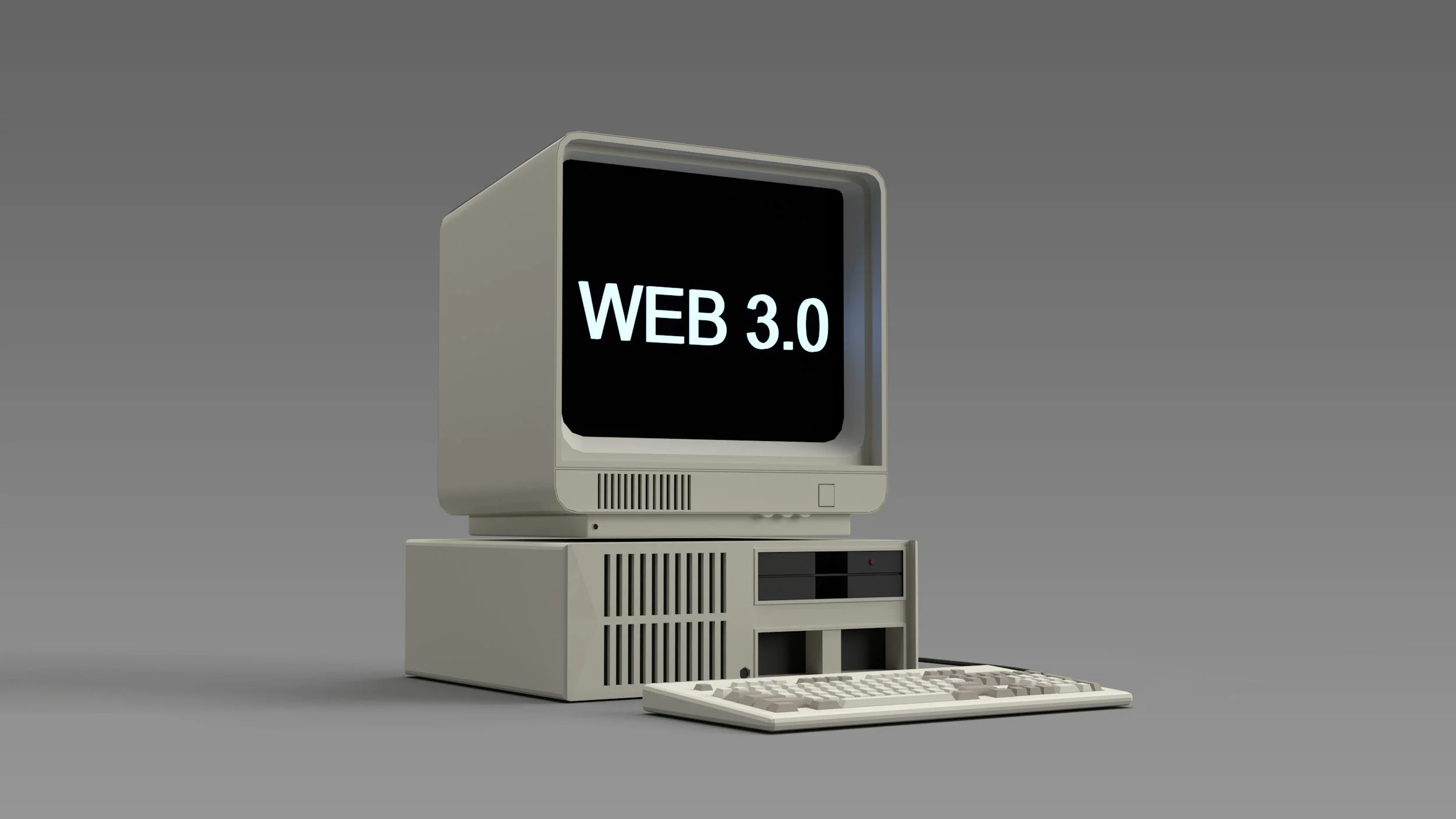 A vintage computer monitor displaying the text 'WEB 3.0' in white against a black screen, with a keyboard, tower, and gray background.