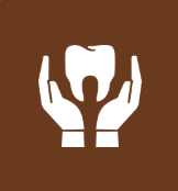 Two hands holding a tooth on a brown background.
