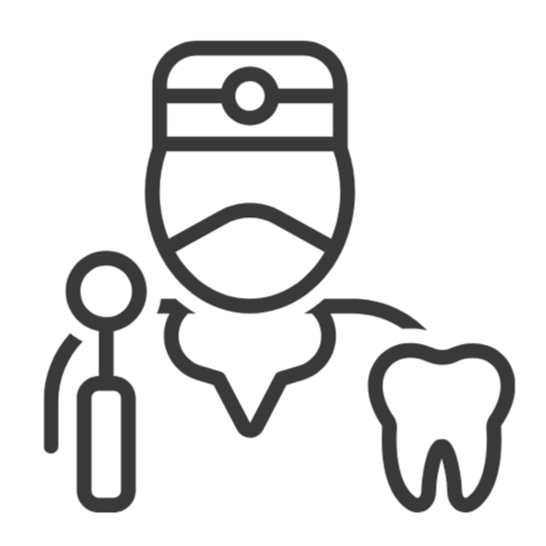 Line drawing of a dentist with a mask, tooth, toothbrush, and dental mirror.
