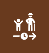 Silhouette of a child and an adult with a hat, walking towards the right, with a directional arrow and a clock symbol below on a brown background.