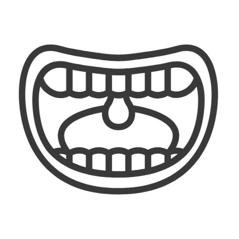 A black and white illustration of a wide open mouth showing teeth and the inside of the mouth, with the tongue visible.