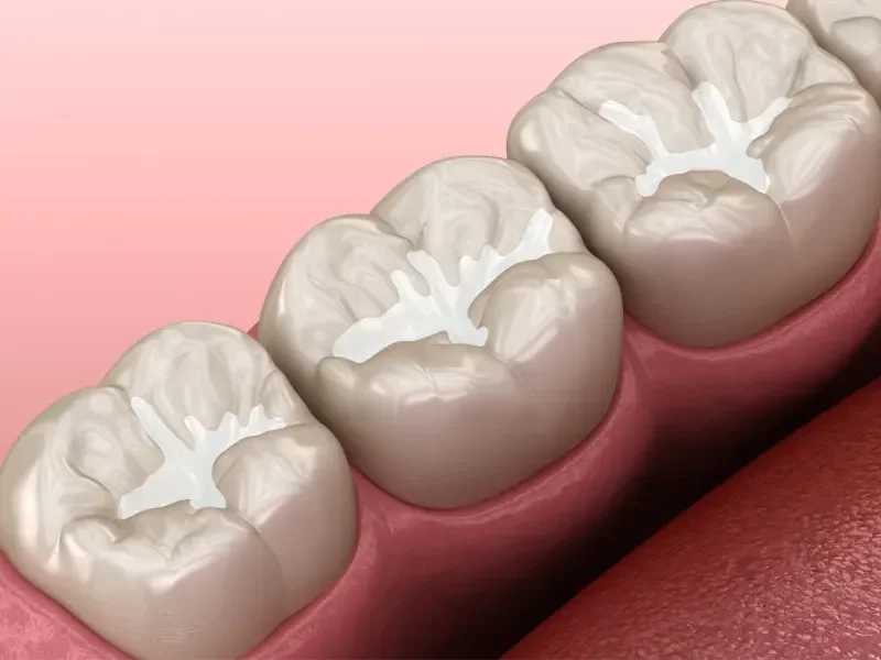 Close-up illustration of four molar teeth, set in pink gums.