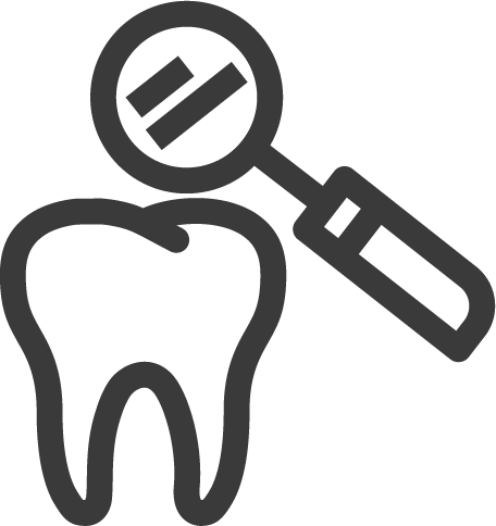 Tooth with a magnifying glass inspecting it.