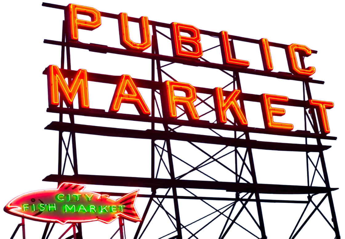 Neon sign for a public market with the words 'Public Market' and an additional sign for a city fish market with a fish shape outline.