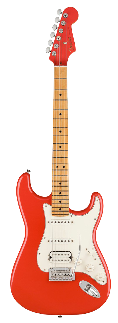 A red Fender Stratocaster electric guitar with a white pickguard and a maple neck.
