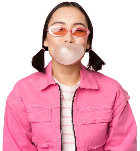 Teen girl with pigtails wearing pink jacket and sunglasses blowing a bubble gum bubble.
