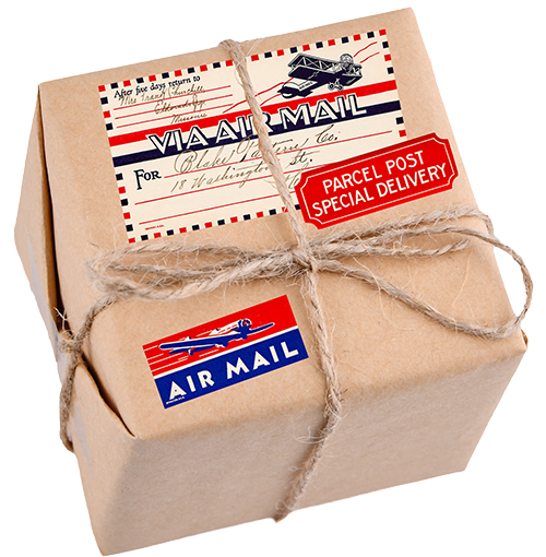 A small package wrapped in brown paper with a twine bow, featuring vintage-style USPS Airline and Air Mail labels, along with a red parcel post stamp, indicating it is an international air mail parcel.