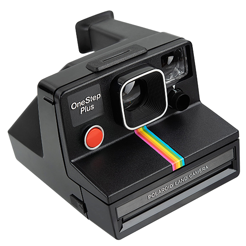 A vintage Polaroid Land Camera with rainbow-colored stripes and a viewfinder.