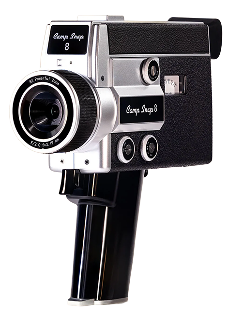 A vintage Kodak camera called the Camp Snap 8 mounted on a black tripod.