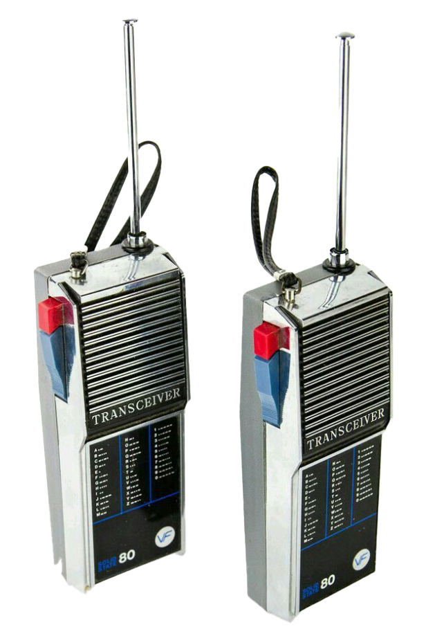 Two vintage walkie-talkie transceivers with antennas, black and silver design, labeled 'Transceiver' and 'FM 80' on the front.