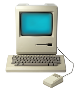 A vintage Macintosh computer with a CRT monitor, keyboard, and mouse.