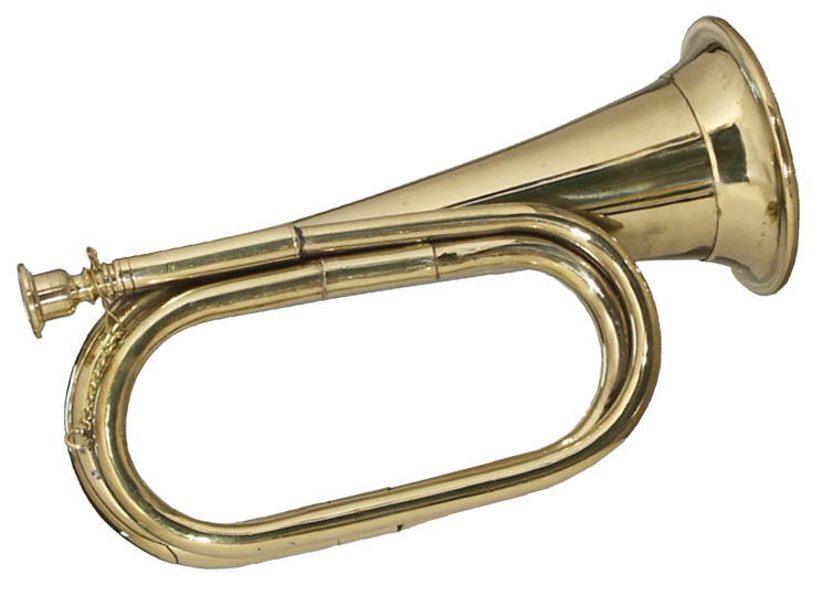 A shiny brass bugle with a coiled tubing and flared bell.