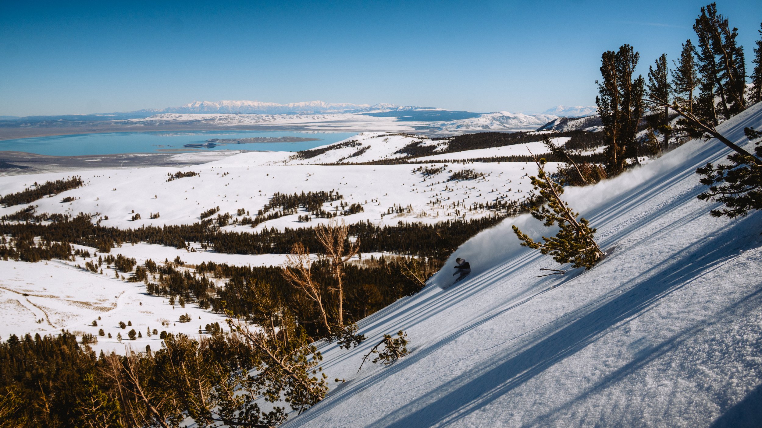 Snow-covered mountain landscape with sparse trees on the slope, a lake in the middle distance, and snow-capped mountains on the horizon under a clear blue sky.