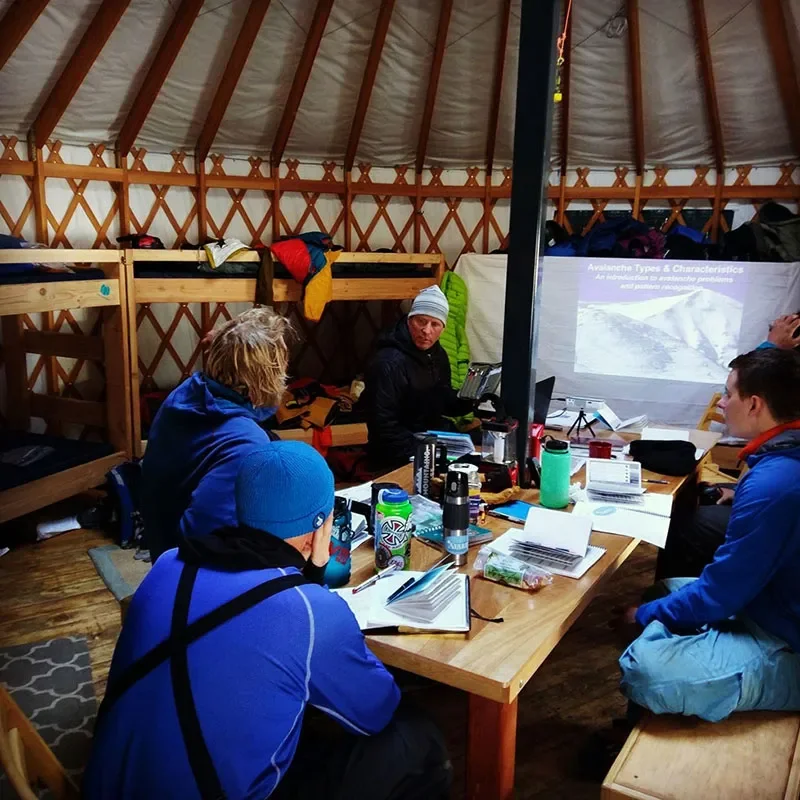 Group of people sitting around a wooden table inside a yurt, participating in a classroom session about avalanche types with a projection on the wall, surrounded by camping gear and bunk beds.