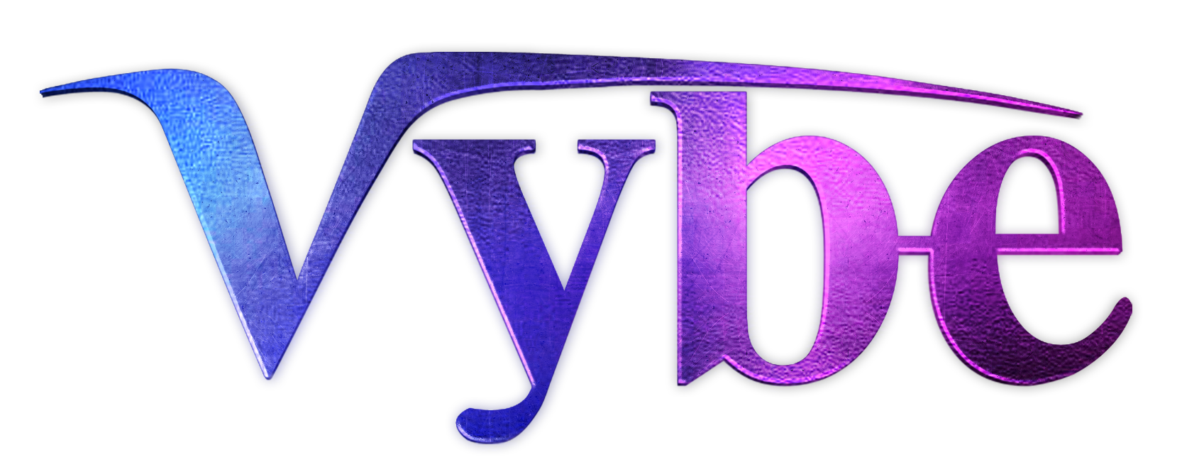 A stylized, purple and blue gradient 3D text logo that spells out "Vybe" with a textured surface and a swooping underline.