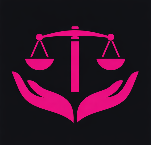 Pink scales of justice balanced above two open hands on a black background.