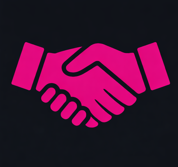 Pink line drawing of a handshake on a black background.