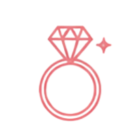 Pink outline of a diamond ring with a large central stone and smaller side stones
