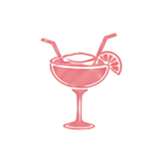 Pink cocktail glass icon with a pink drink, a lemon slice, and two pink straws.