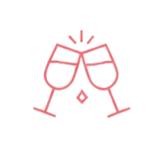 Illustration of two wine glasses clinking together with sparkles and a kiss mark, representing celebration or toast.