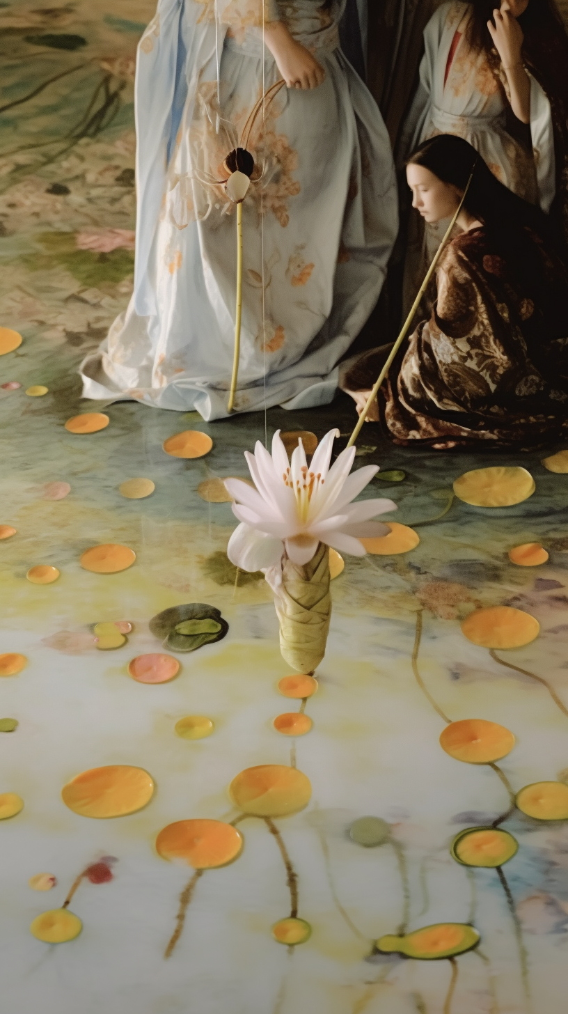 AI artwork of an upright pink lotus flower standing in clear, shallow water filled with scattered golden circular spots, with a blurred figure in a patterned dress behind it.