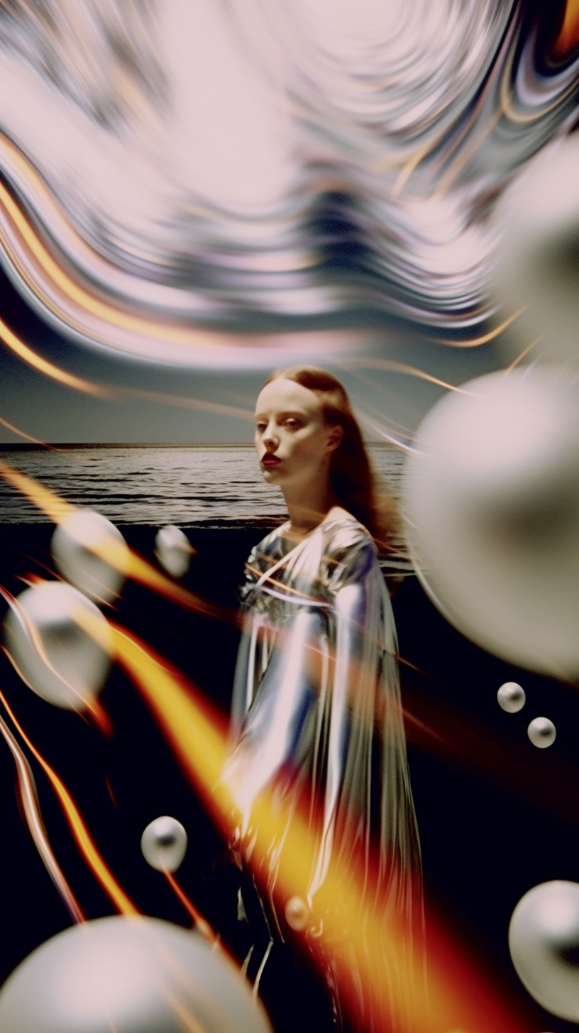 AI artwork of a woman standing by a dark ocean at twilight, surrounded by floating white orbs and flowing lines of liquid mercury accented with bright orange and yellow streaks.
