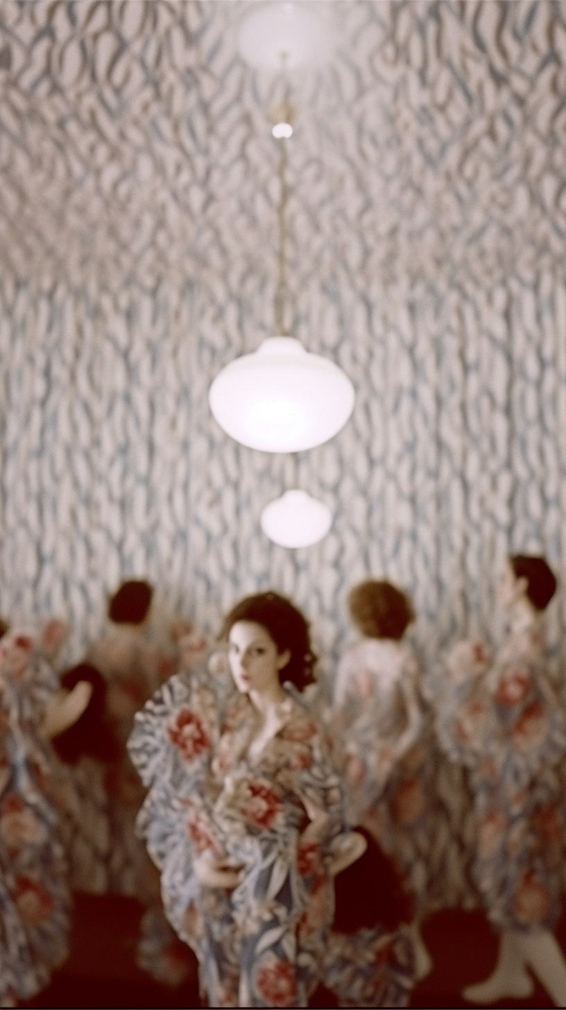 AI artwork focusing on two round white pendant lamps hanging from the ceiling, with a blurred background showing women in patterned dresses against a blue and white retro wallpaper.