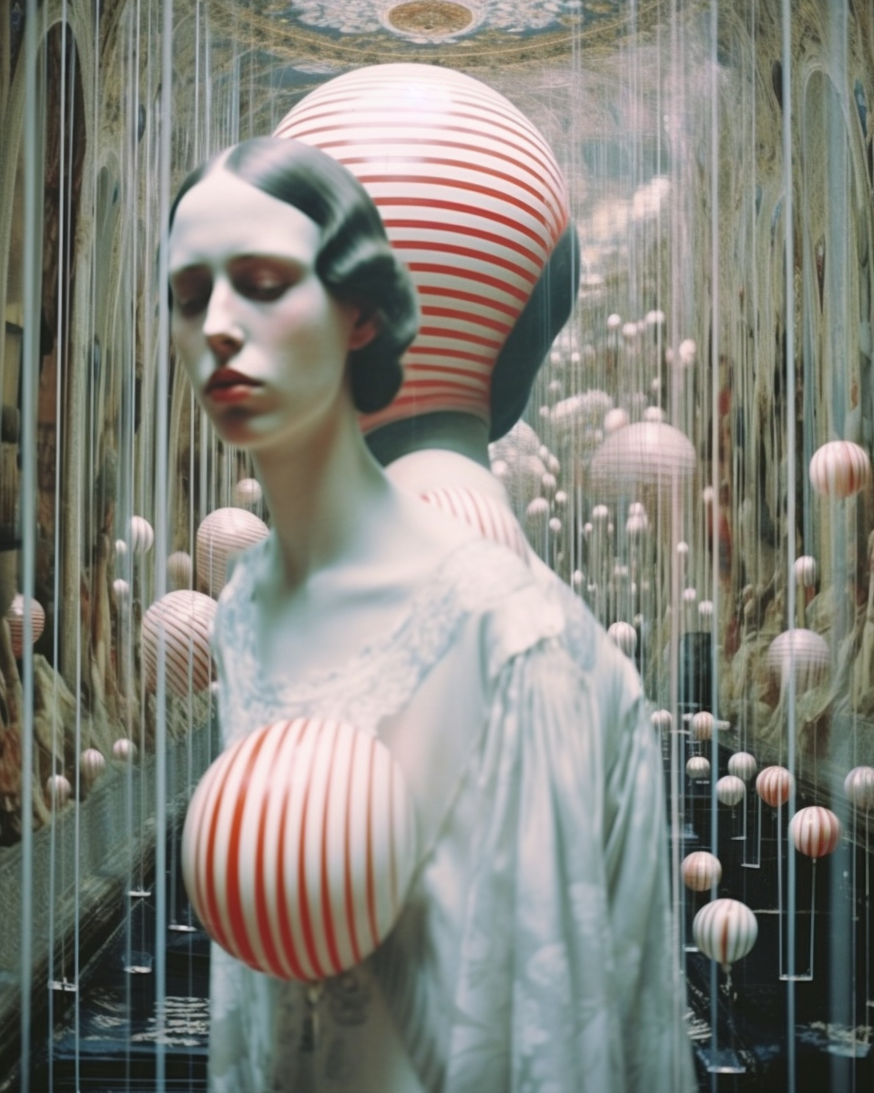 AI artwork of a pale woman with downcast eyes in a delicate cream gown, surrounded by a dense grid of hanging vertical strings and floating spheres with red-and-white candy stripes against a classical arched interior.