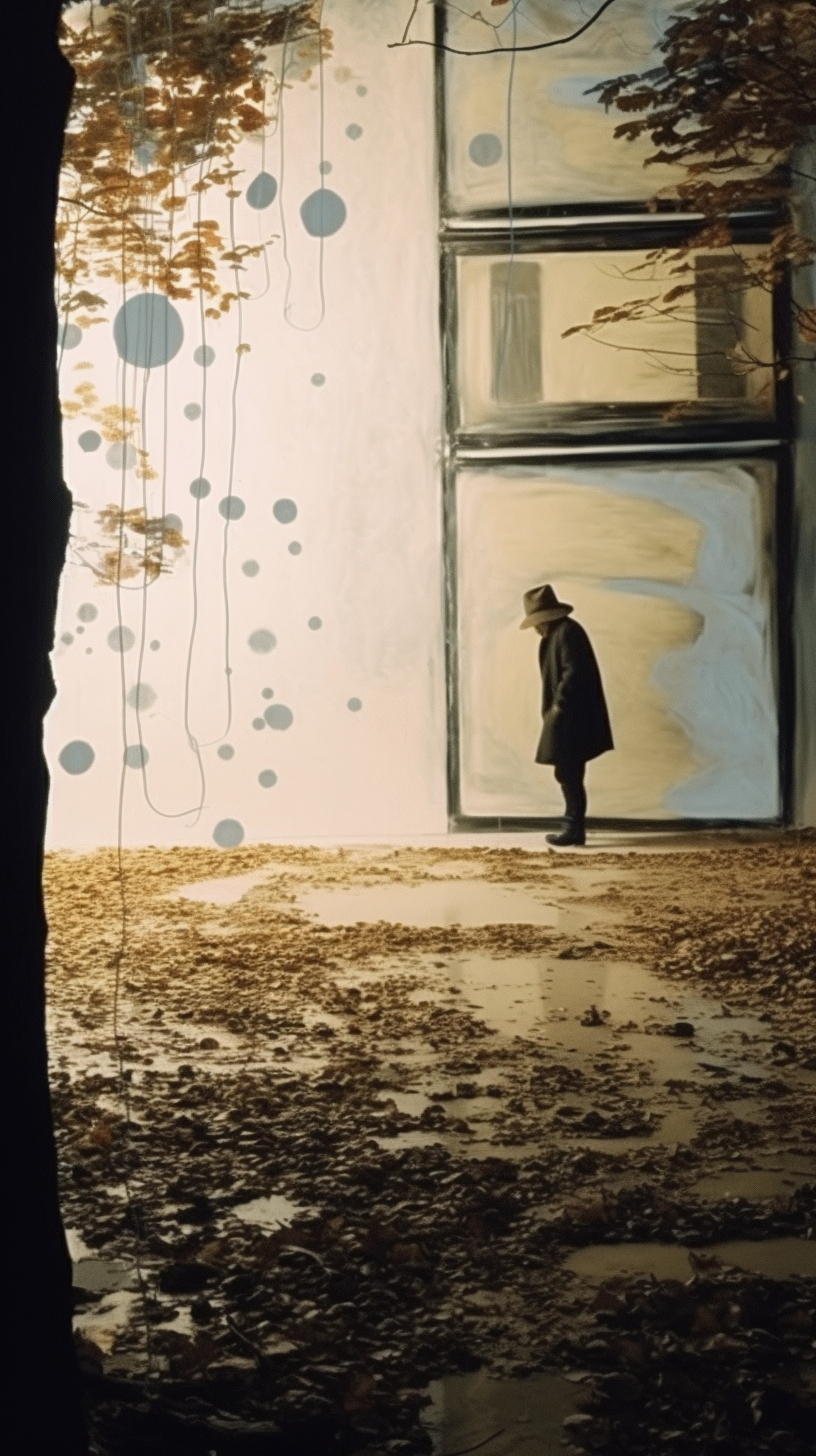 AI artwork featuring a person in a dark coat and wide-brimmed hat standing on muddy ground covered in dead leaves next to a minimalist white wall adorned with hanging strings and blue circular discs.