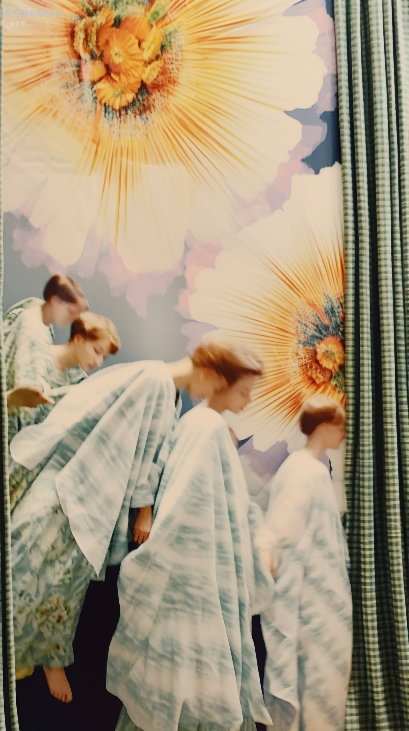 AI artwork depicting a line of figures in pale blue-patterned robes leaning forward in a row, positioned against a large, stylized gold and pink sunburst background.